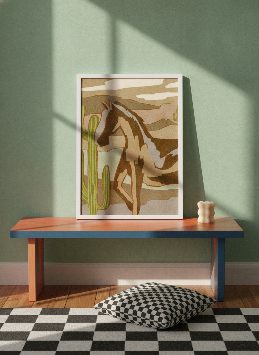 Modern wall art print standing on a side table in a colourful eclectic bedroom
