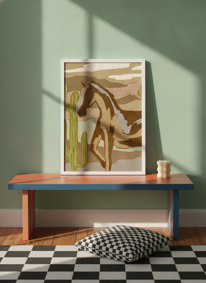 Modern wall art print standing on a side table in a colourful eclectic bedroom