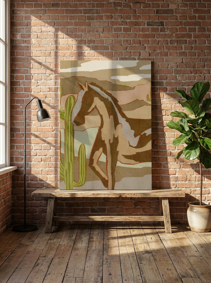 Stretched canvas wall art standing on a bench in an industrial loft living room