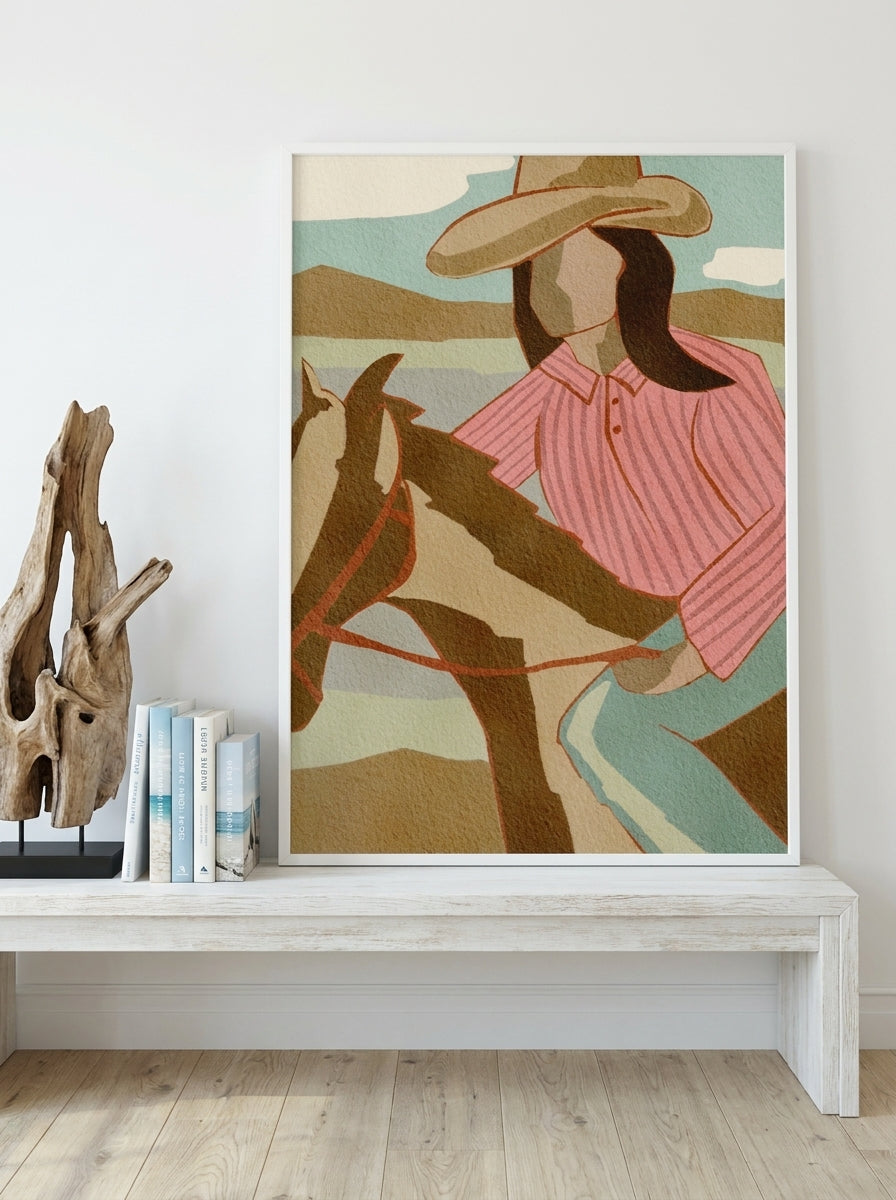 Modern wall art print standing on a console in a coastal bedroom