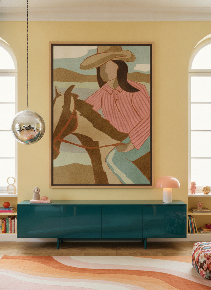Oversized statement canvas wall art with a natural timber surround styled on the wall in a colourful eclectic living room