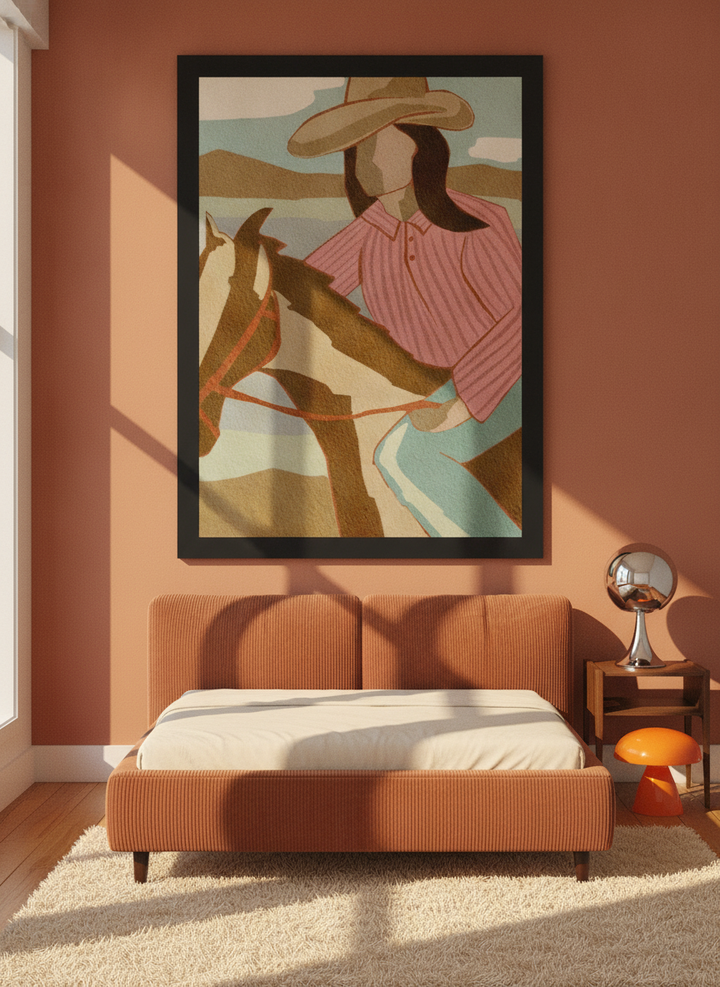 Oversized statement modern wall art print styled on the wall in a retro 70s bedroom