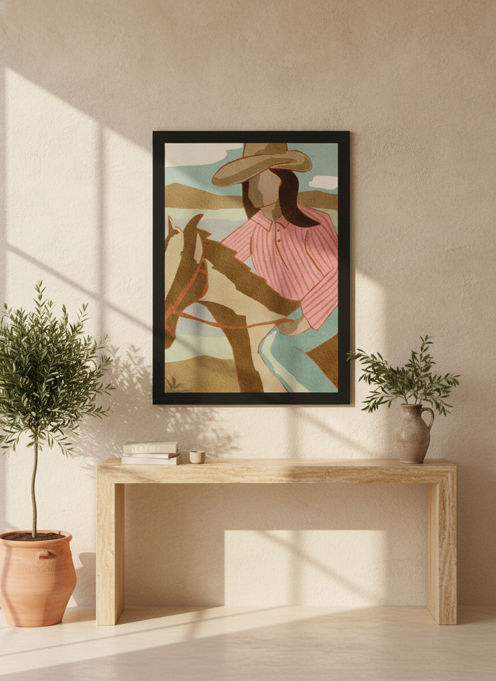 Modern wall art print styled on the wall in a Mediterranean living room