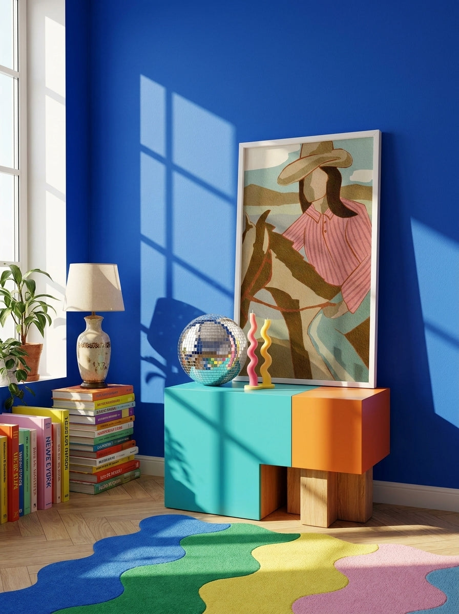 Modern wall art print standing on a side table in a colourful eclectic home office