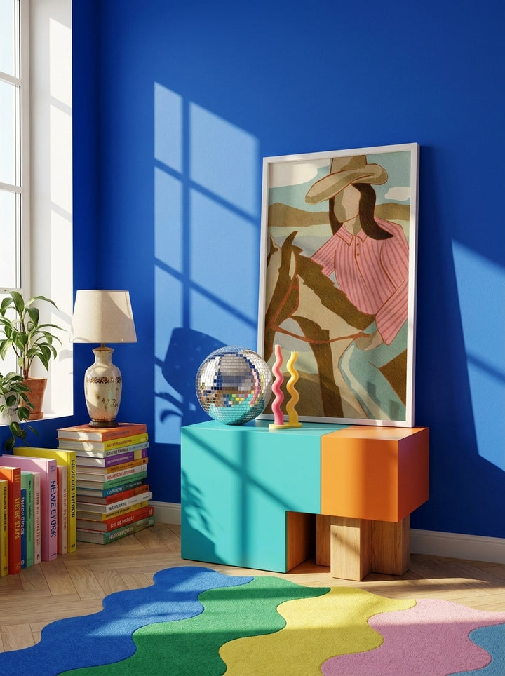 Modern wall art print standing on a side table in a colourful eclectic home office