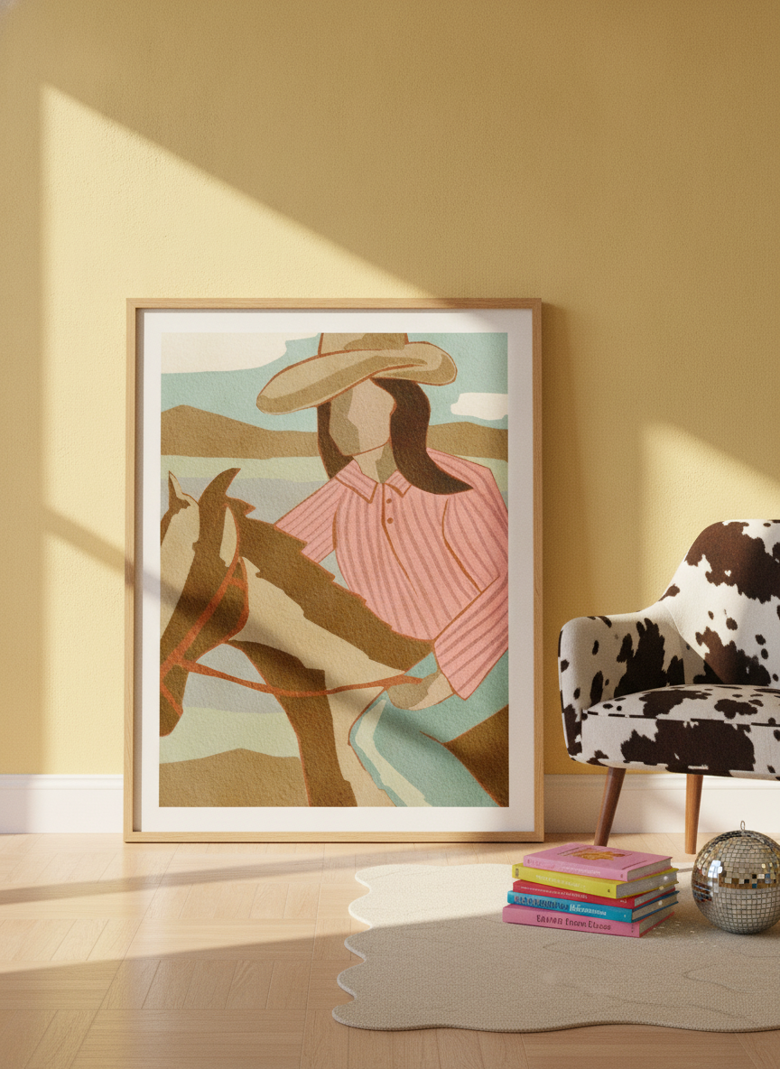 Oversized statement modern wall art print leaning against the wall in a colourful eclectic dining room