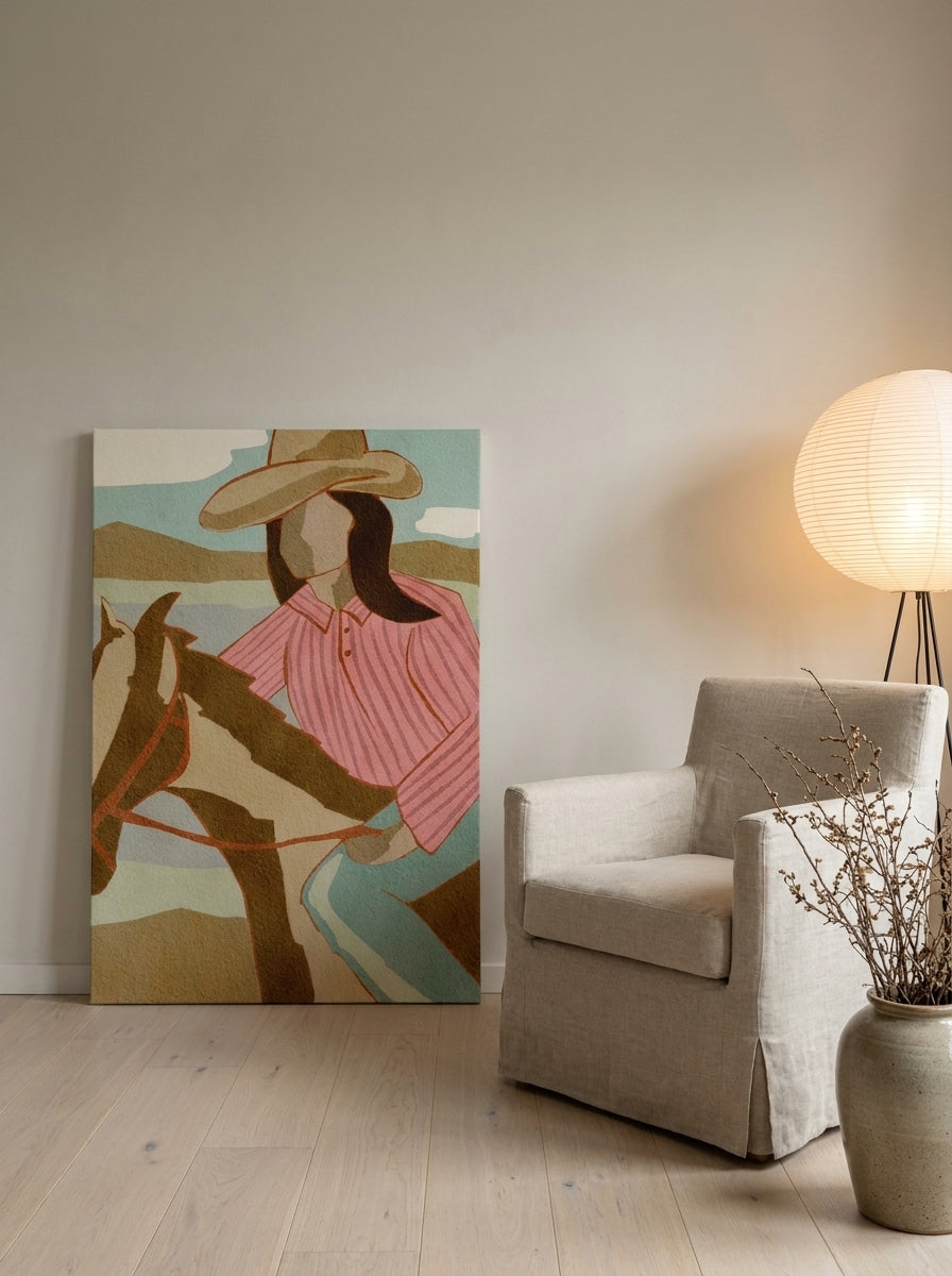 Stretched canvas wall art leaning against the wall in a warm Japandi home office