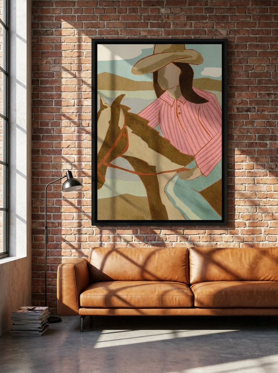 Canvas wall art with a black surround styled on the wall in an industrial loft living room
