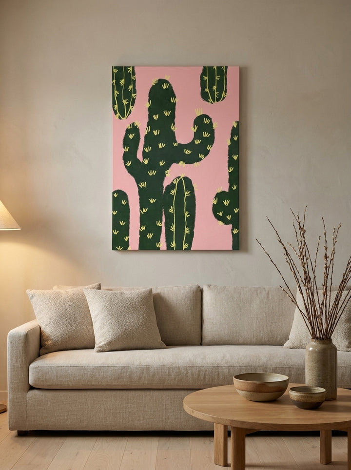 Stretched canvas wall art styled on the wall in a warm Japandi living room