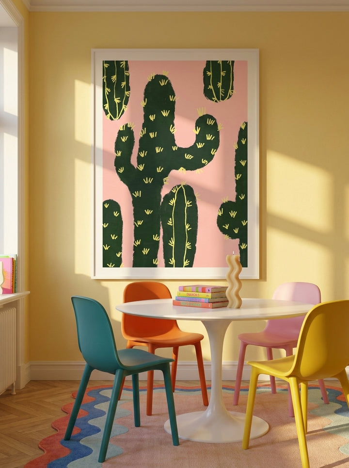 Oversized statement modern wall art print styled on the wall in a colourful eclectic dining room