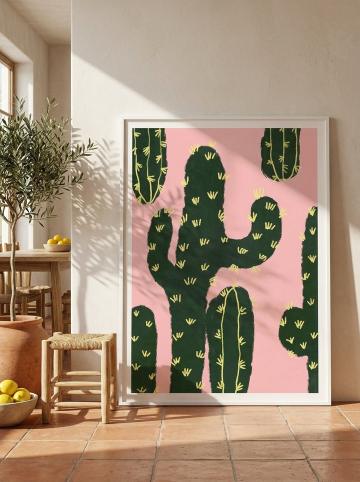 Oversized statement modern wall art print leaning against the wall in a Mediterranean dining room