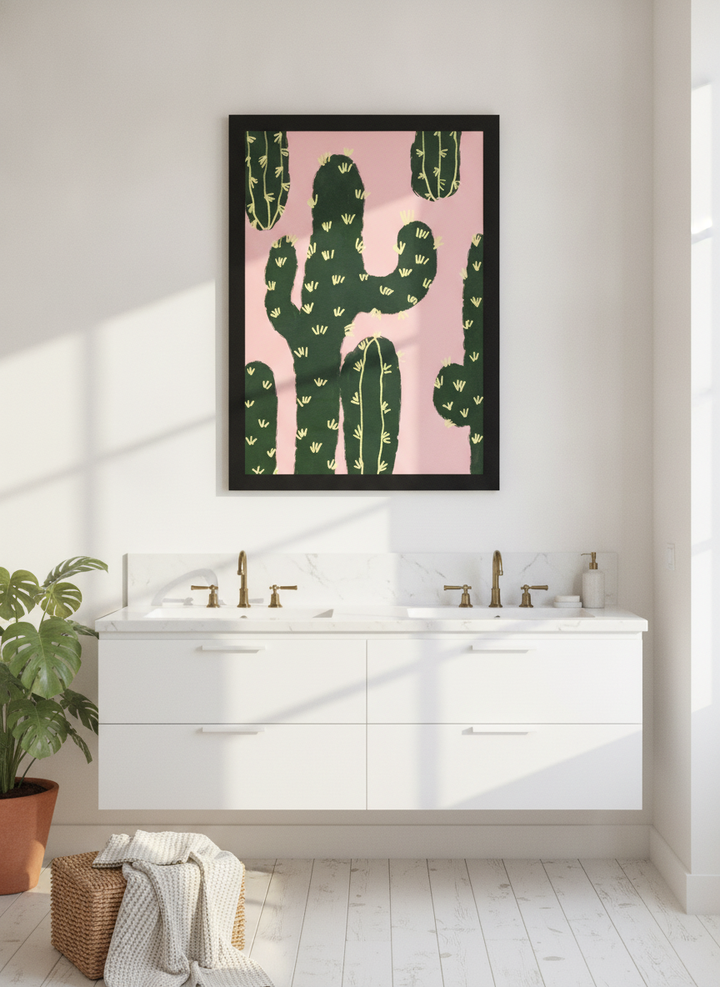 Modern wall art print styled on the wall in a bright Scandinavian bathroom