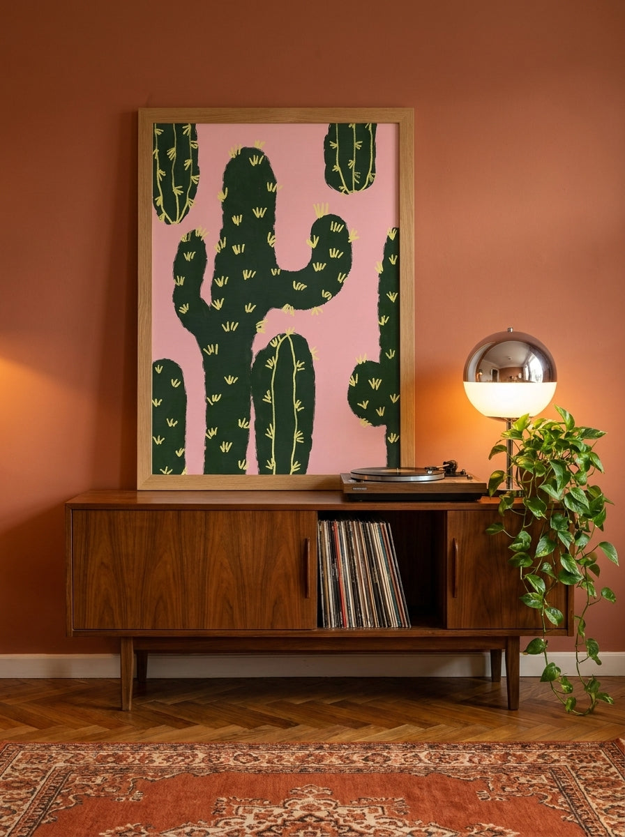 Modern wall art print standing on a sideboard in a retro 70s bedroom