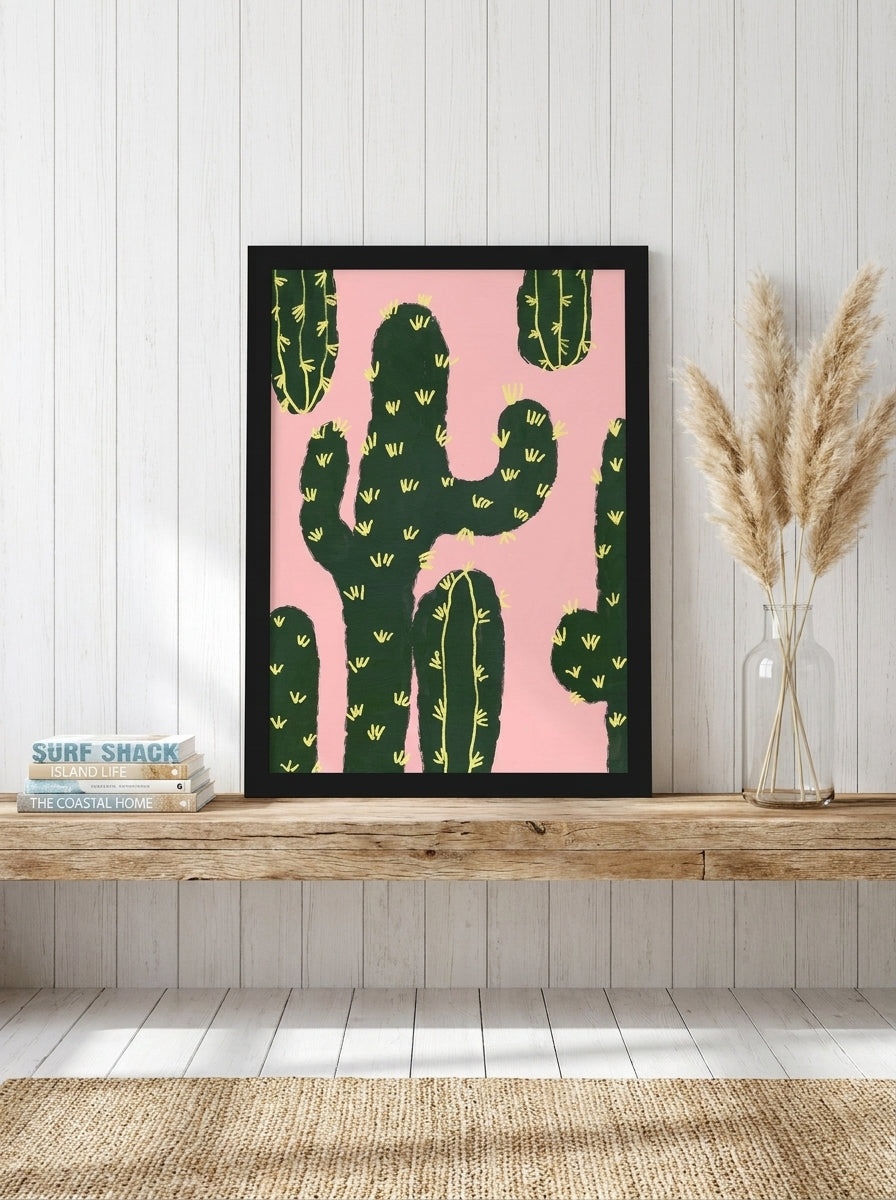Modern wall art print standing on a kitchen bench in a coastal kitchen