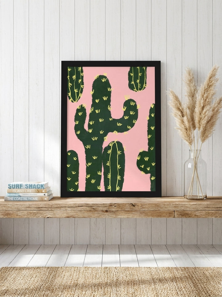 Modern wall art print standing on a kitchen bench in a coastal kitchen