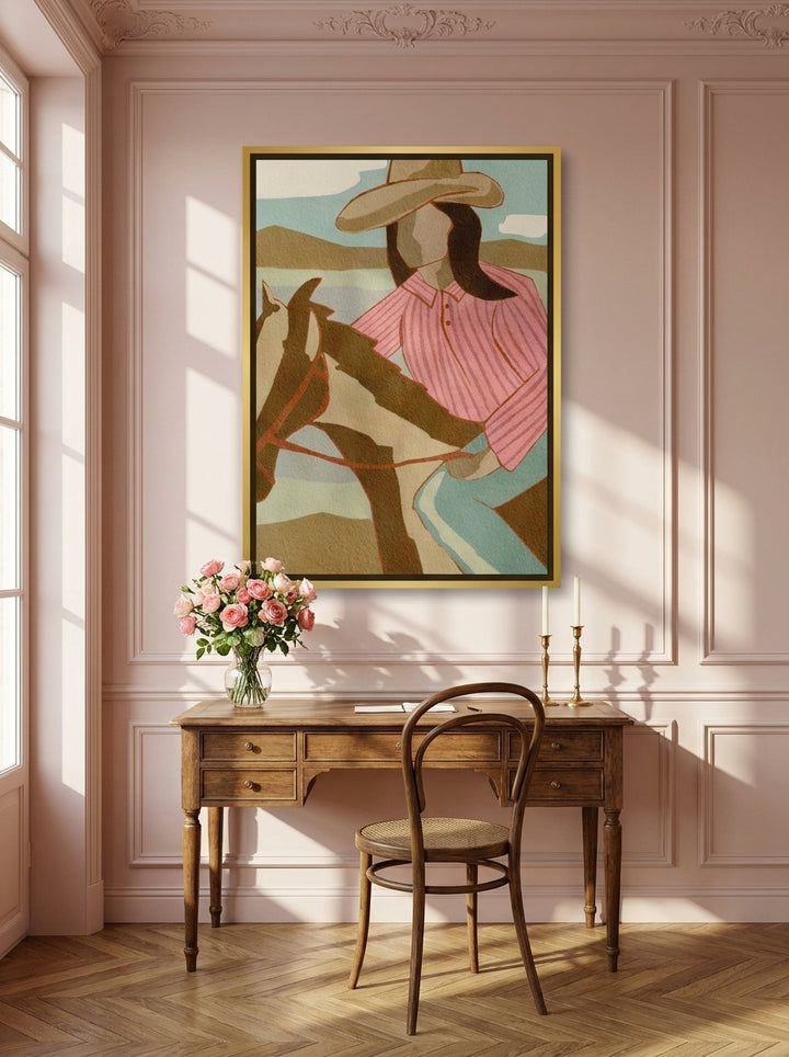 Canvas wall art with a gold leaf surround styled on the wall in a Parisian home office
