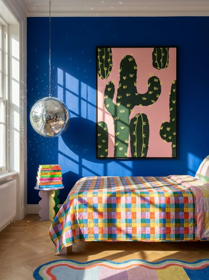 Oversized statement canvas wall art with a black surround styled on the wall in a colourful eclectic bedroom
