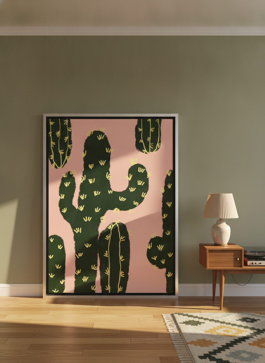 Oversized statement canvas wall art with a silver leaf surround leaning against the wall in a mid-century dining room