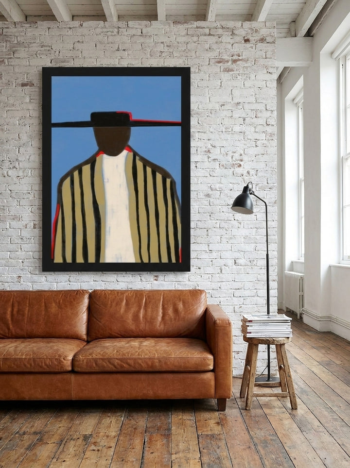 Oversized statement modern wall art print styled on the wall in an industrial loft living room