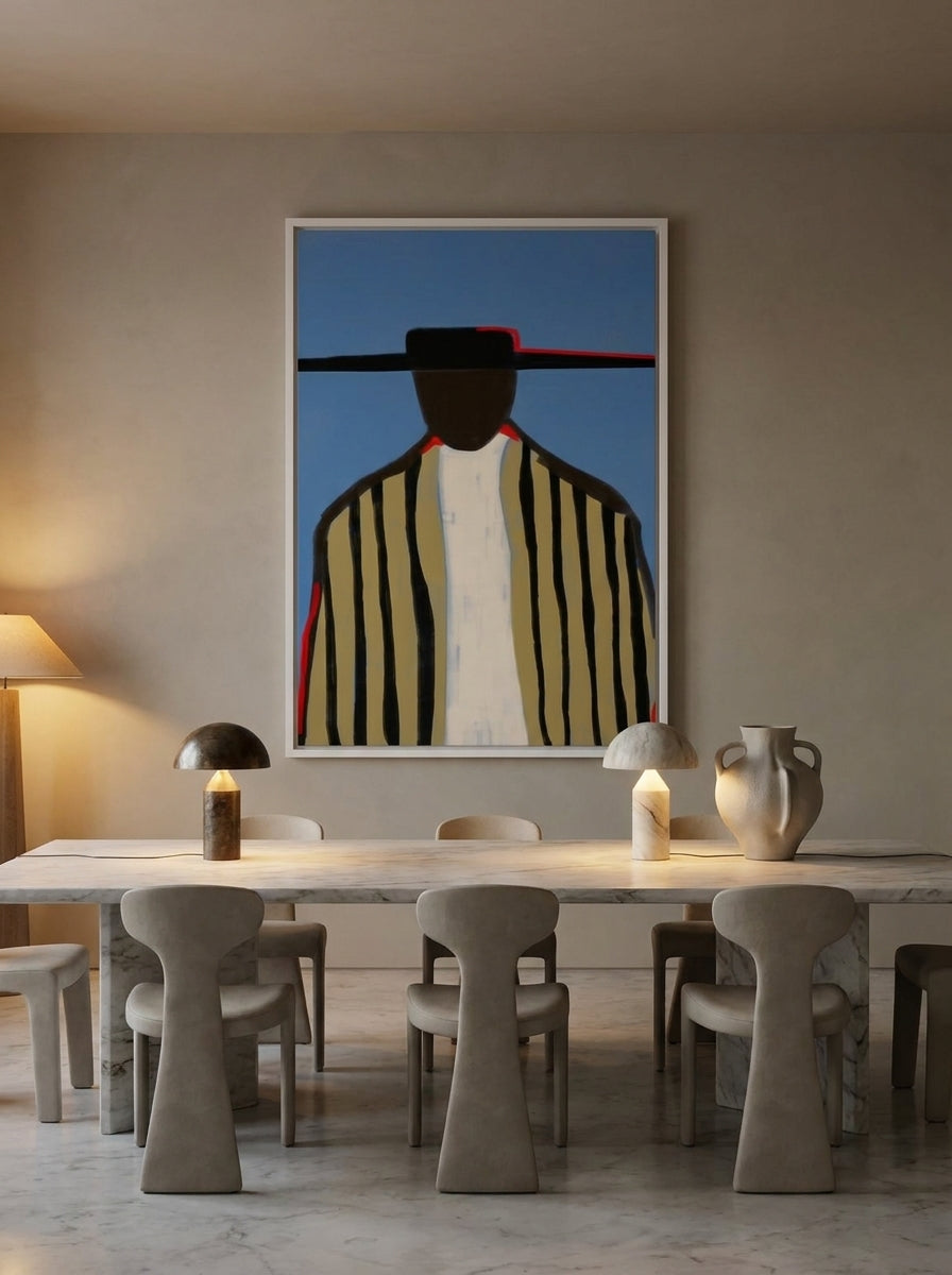 Oversized statement modern wall art print styled on the wall in a luxe dining room