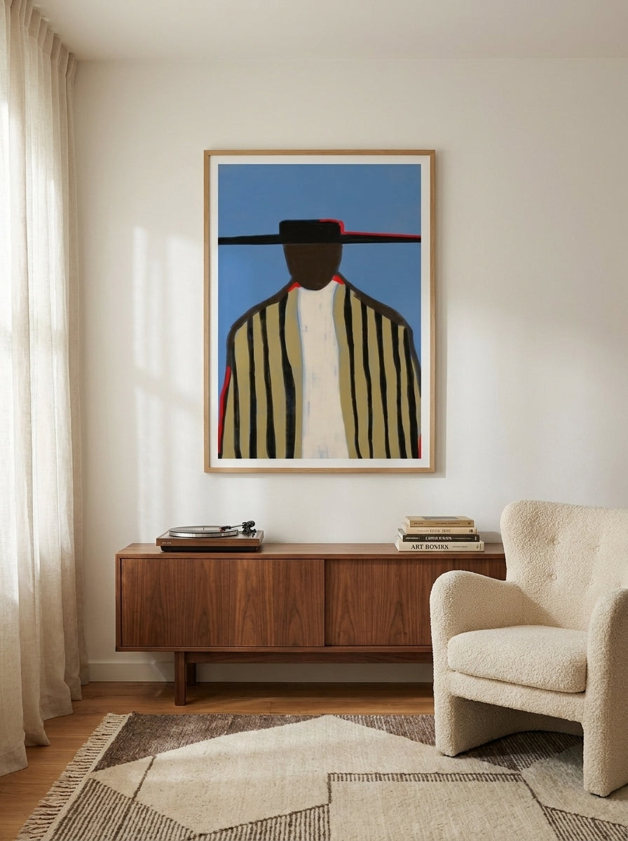 Modern wall art print styled on the wall in a mid-century living room