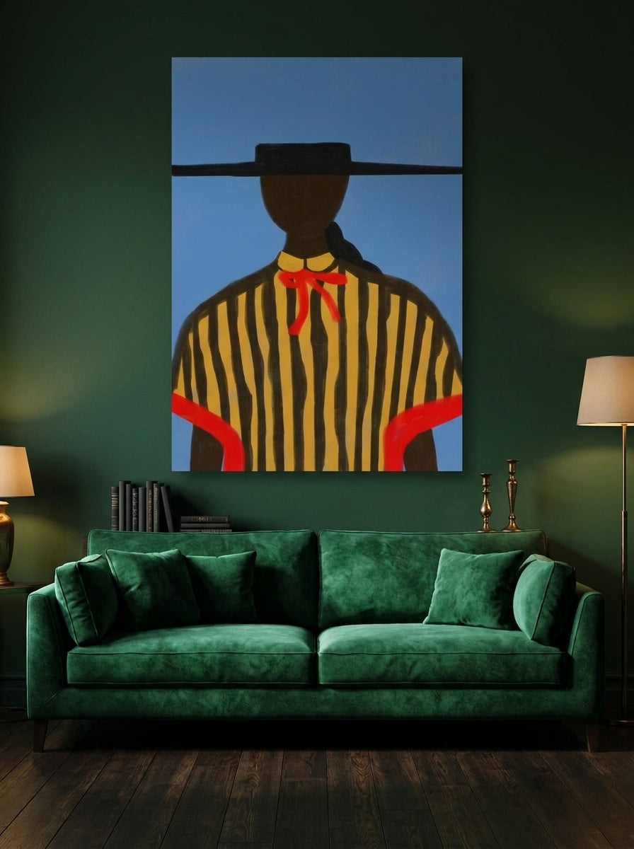 Stretched canvas wall art styled on the wall in a moody living room