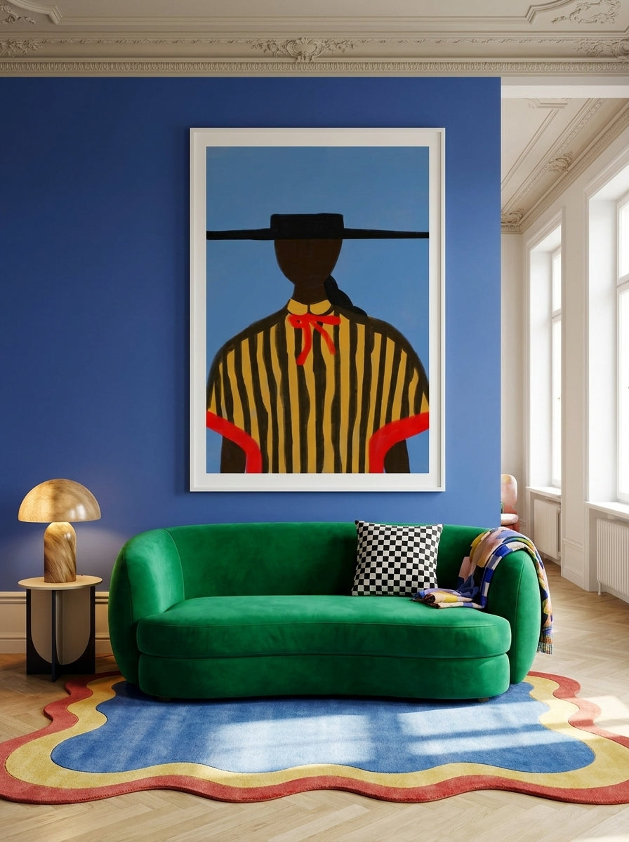 Oversized statement modern wall art print styled on the wall in a colourful eclectic living room
