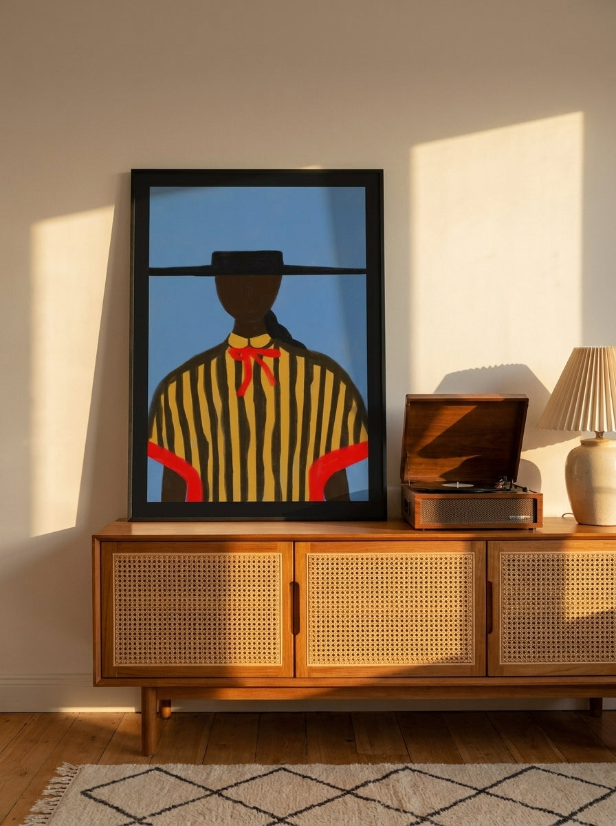 Modern wall art print standing on a sideboard in a mid-century home office