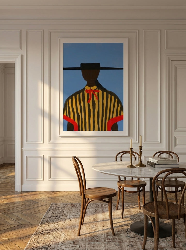 Oversized statement modern wall art print styled on the wall in a Parisian dining room