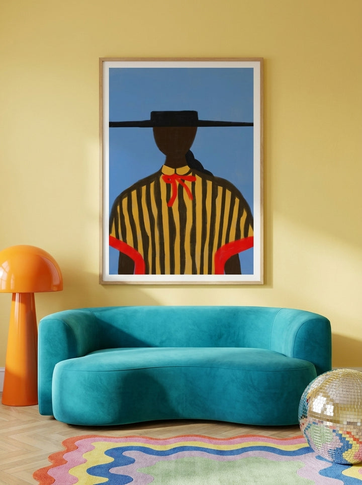 Modern wall art print styled on the wall in a colourful eclectic living room