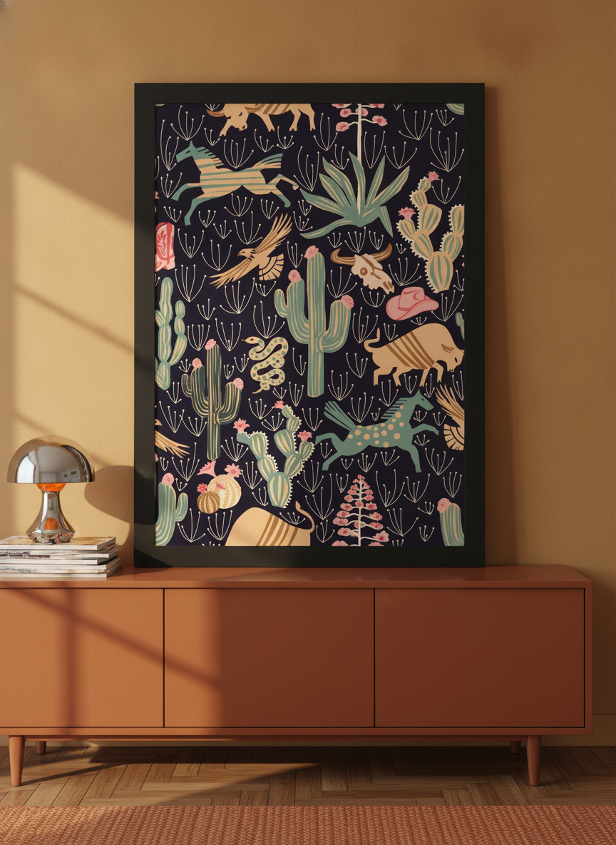 Modern wall art print standing on a sideboard in a retro 70s home office