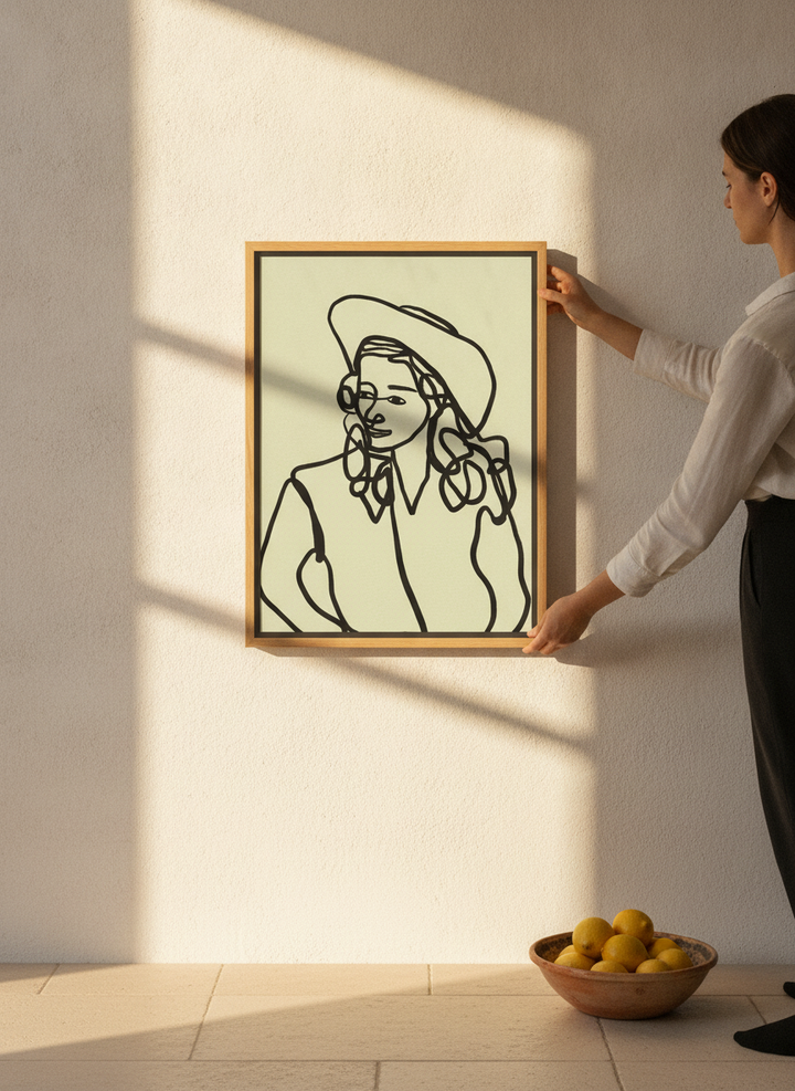 Person holding canvas wall art with a natural timber surround in a Mediterranean living room