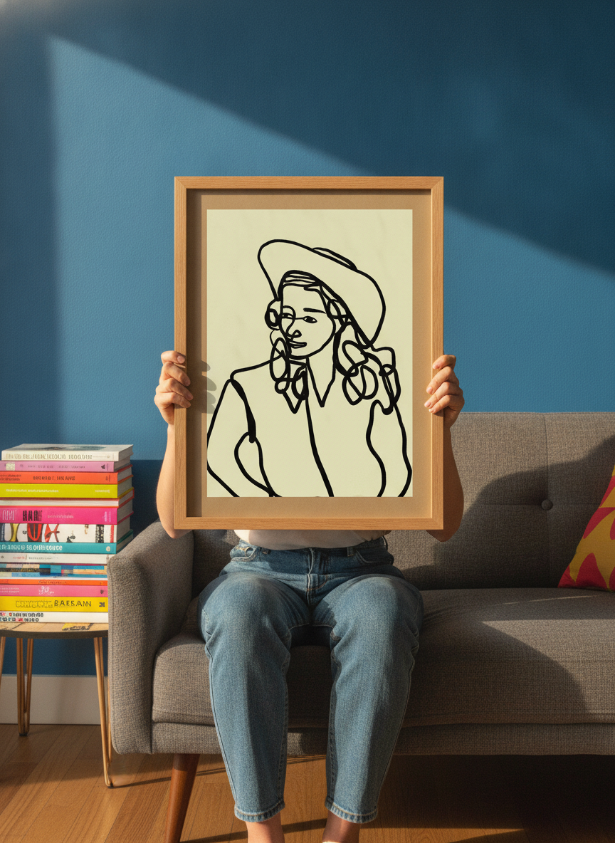 Person holding modern wall art print in a colourful eclectic living room