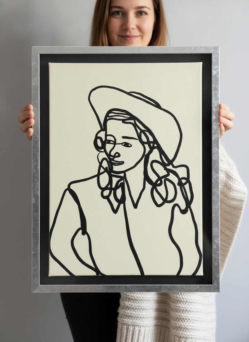 Person holding canvas wall art with a silver leaf surround in a bright Scandinavian living room