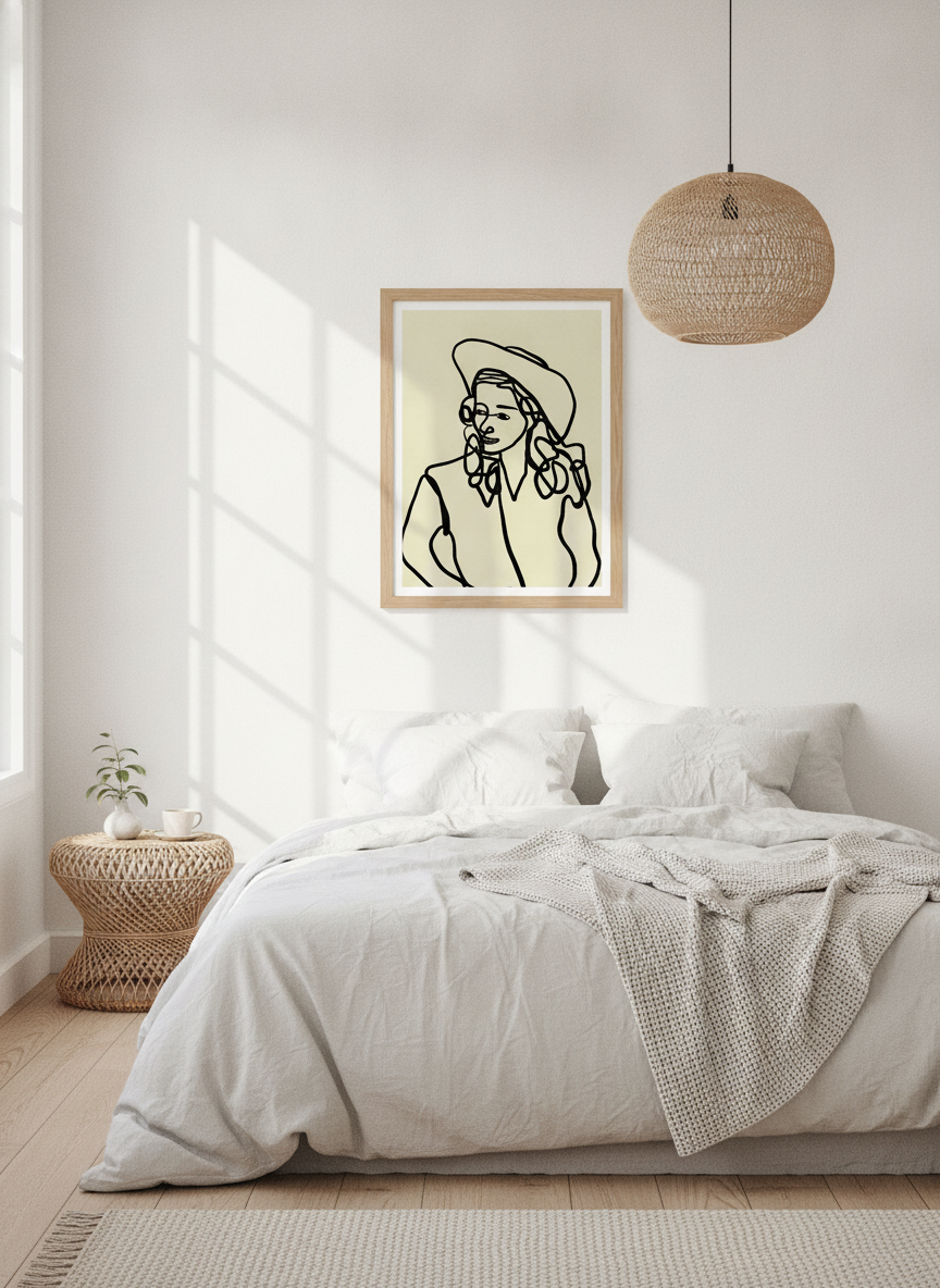 Modern wall art print styled on the wall in a bright Scandinavian bedroom