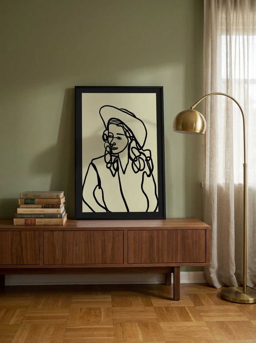 Modern wall art print standing on a sideboard in a mid-century bedroom