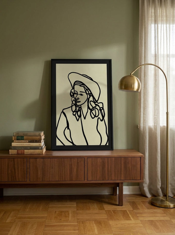 Modern wall art print standing on a sideboard in a mid-century bedroom