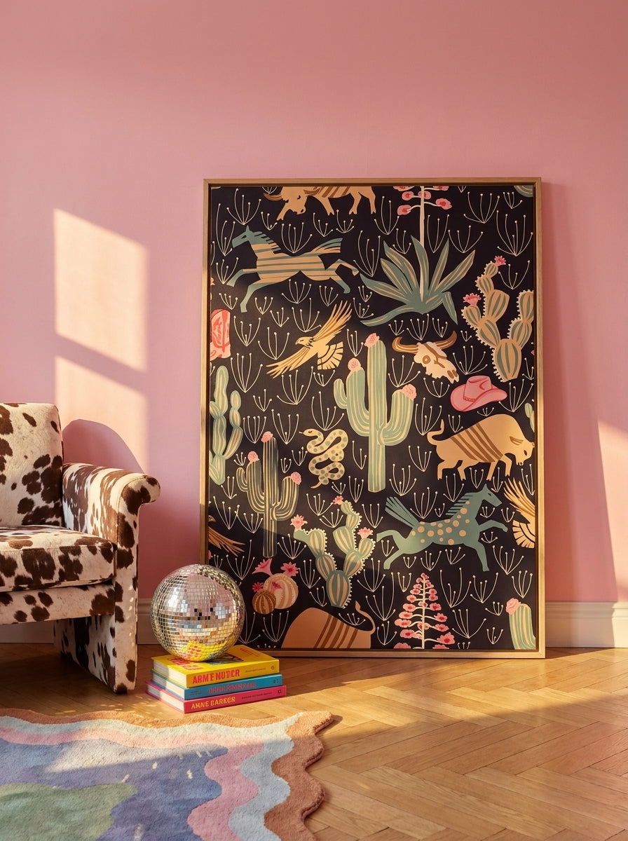 Oversized statement canvas wall art with a natural timber surround leaning against the wall in a colourful eclectic dining room