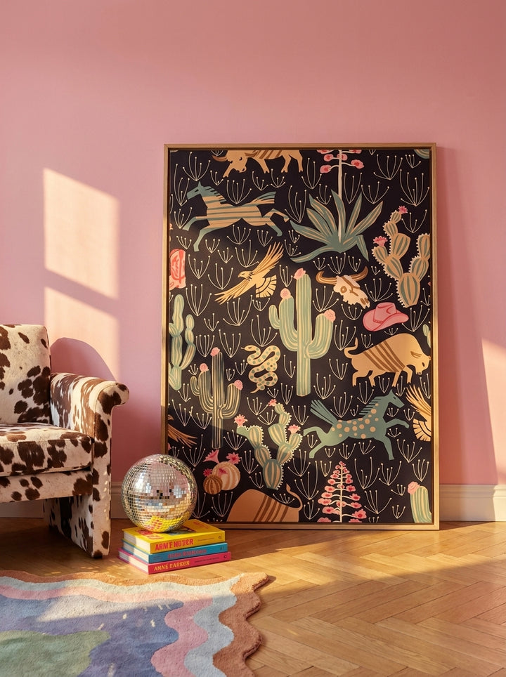 Oversized statement canvas wall art with a natural timber surround leaning against the wall in a colourful eclectic dining room