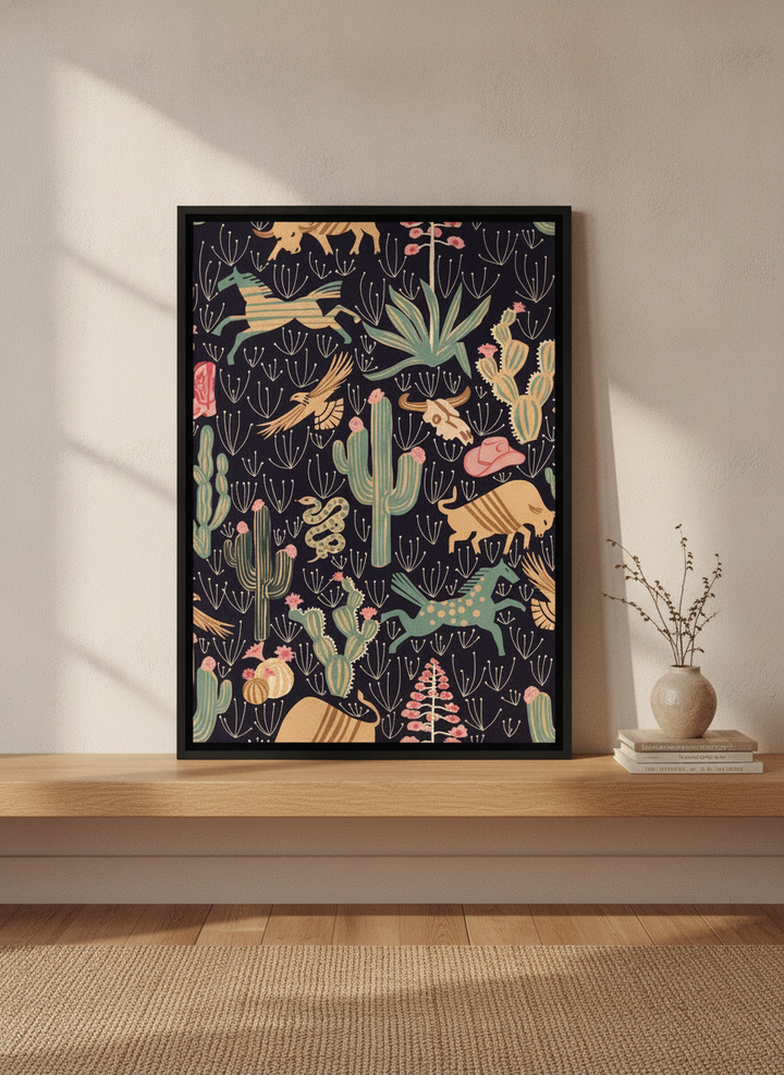 Canvas wall art with a black surround standing on a shelf in a warm Japandi bedroom