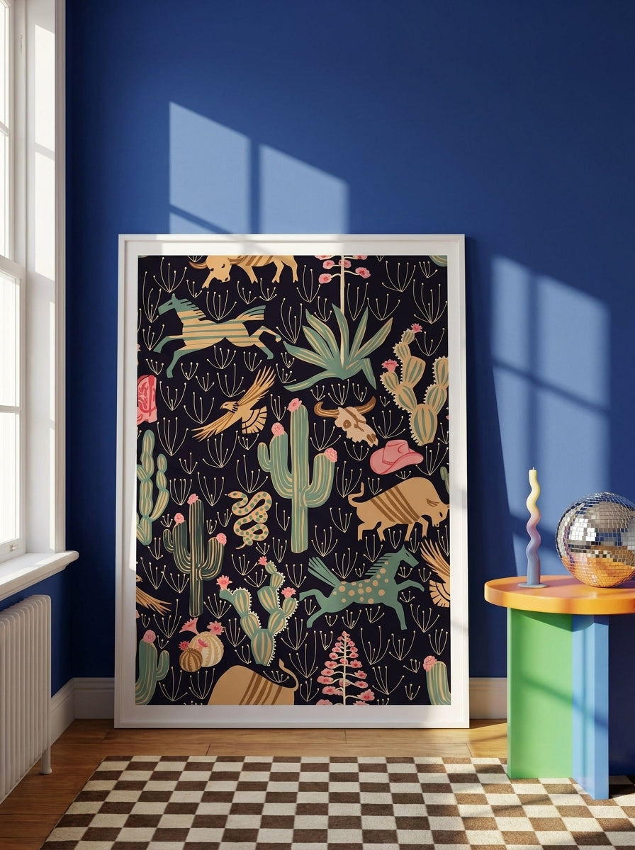 Oversized statement modern wall art print leaning against the wall in a colourful eclectic living room