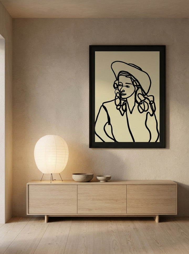 Oversized statement modern wall art print styled on the wall in a warm Japandi living room
