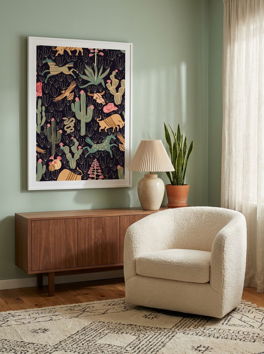 Modern wall art print styled on the wall in a mid-century living room