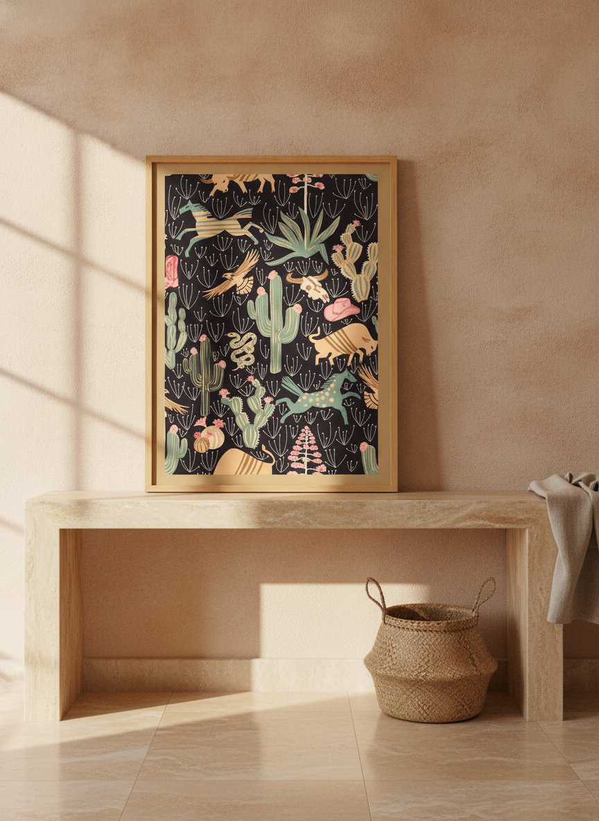 Modern wall art print standing on a console in a Mediterranean bedroom