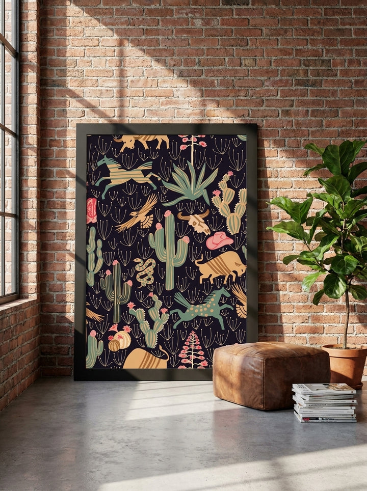 Oversized statement modern wall art print leaning against the wall in an industrial loft dining room