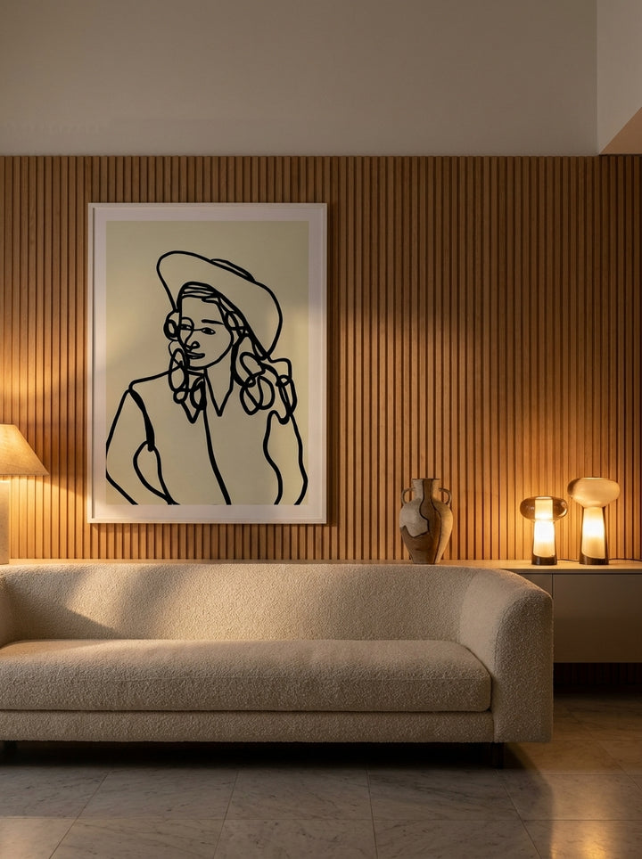 Oversized statement modern wall art print styled on the wall in a luxe living room
