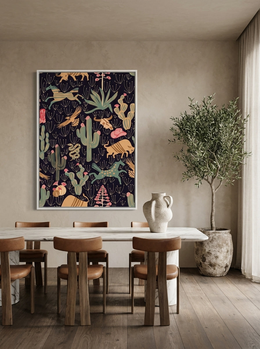 Oversized statement canvas wall art with a white surround styled on the wall in a luxe dining room