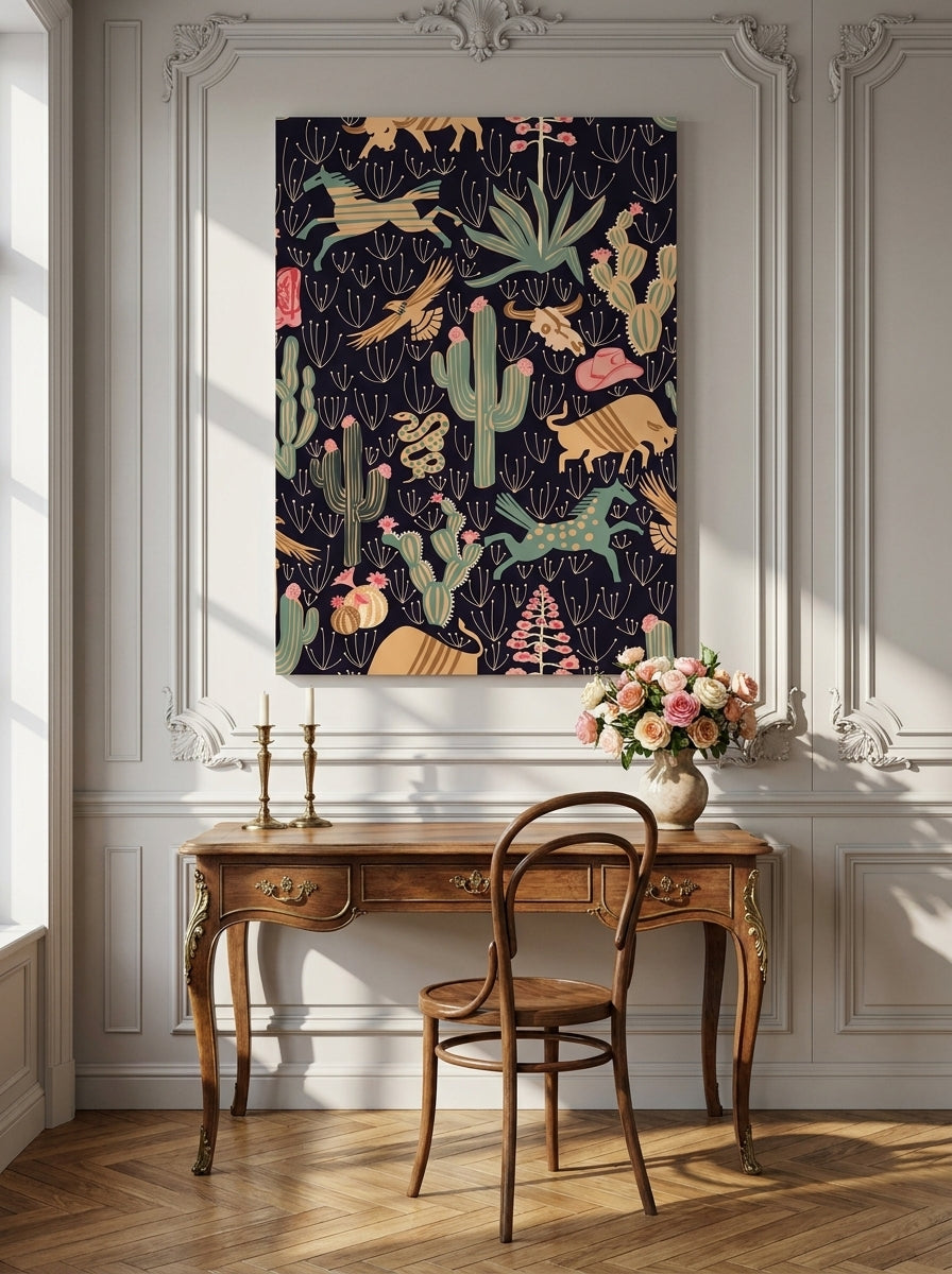 Stretched canvas wall art styled on the wall in a Parisian home office