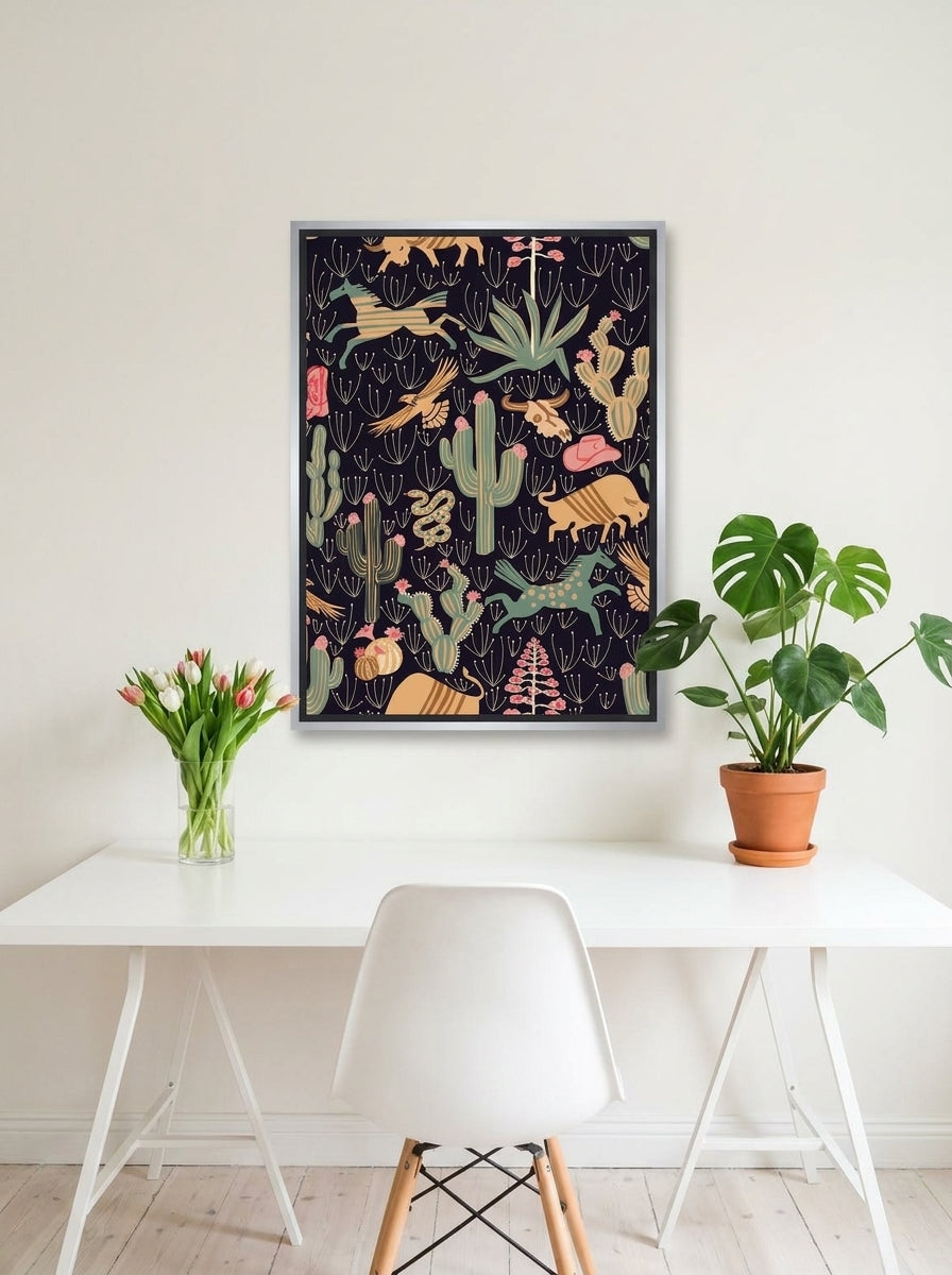 Canvas wall art with a silver leaf surround styled on the wall in a bright Scandinavian home office