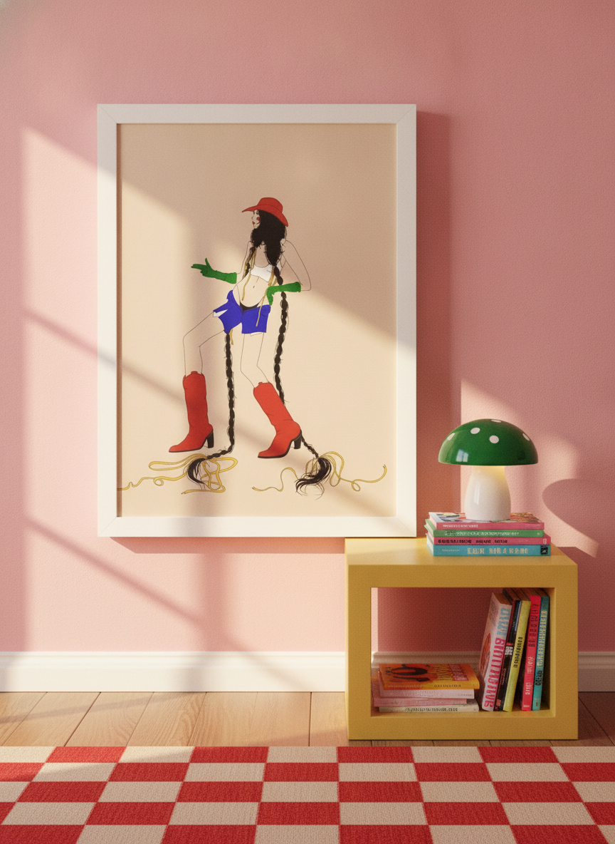 Modern wall art print standing on a side table in a colourful eclectic dining room